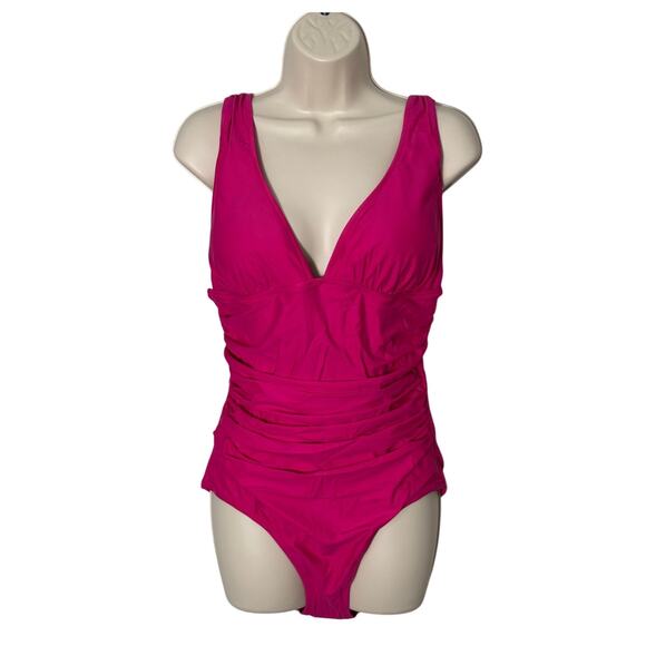 NWT J. Crew Ruched V-Neck One Piece Swimsuit Radiant Fuchsia Size 12 - Picture 4 of 11